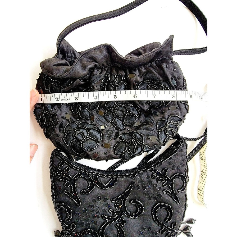 2 Vintage Black Fabric Hand Bag Purse With Beaded Sequin Flowers Menbur - Picture 7 of 7